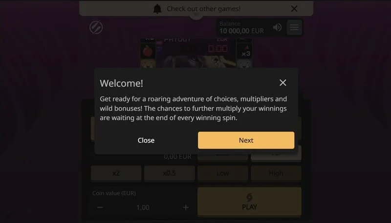 Lion Zama Fruits Bonus Spins - sessão ativa com símbolos de frutas clássicos e 777