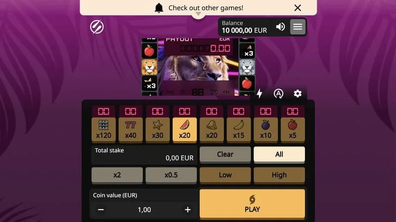 Lion Zama Fruits Bonus Spins - tela principal da máquina de frutas com imagem de leão da série African Big 5